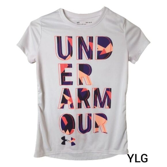 Under Armour Girls Lg UA Heatgear Hybrid 2.0 Big Logo Loose Graphic Tee L NWOT - Picture 1 of 4
